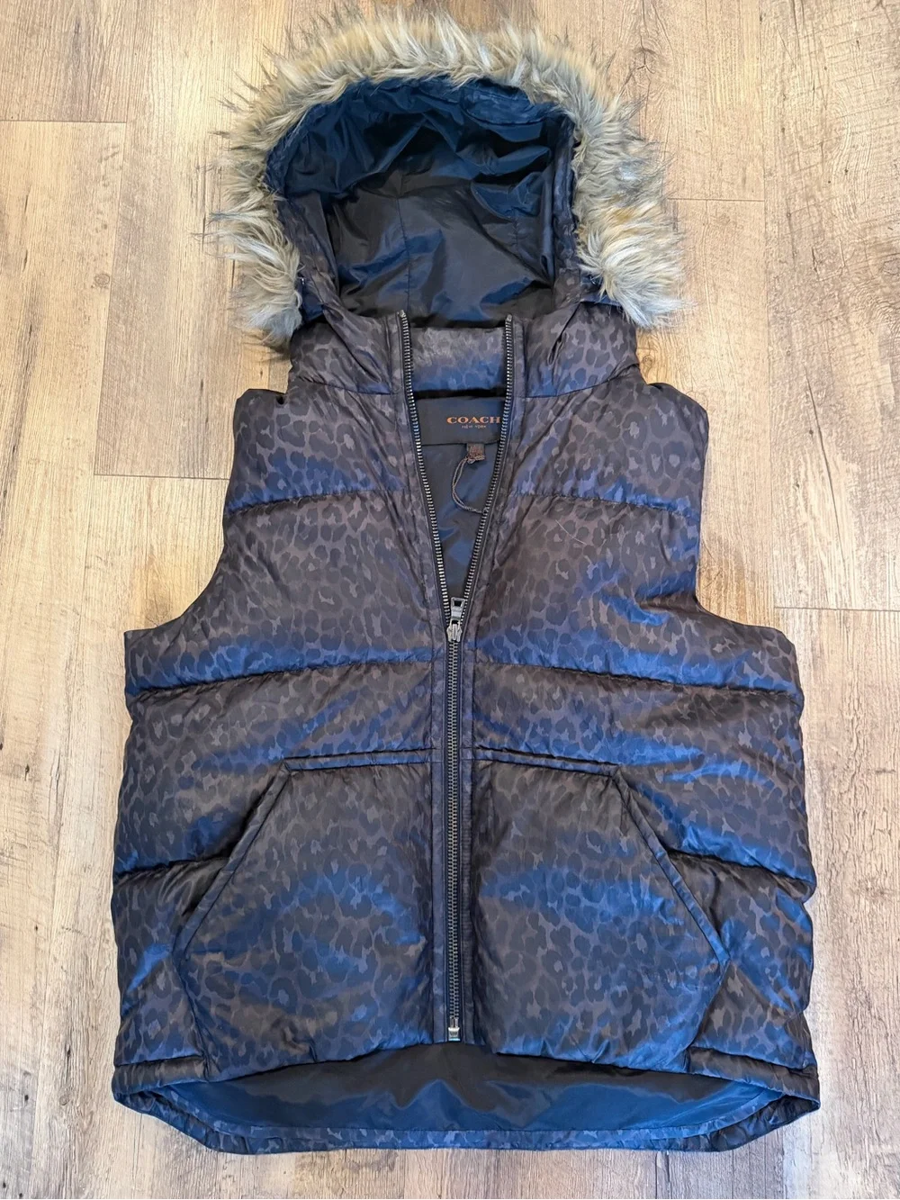 Coach Leopard Brown Quilted Vest with Faux Fur  Hood Large